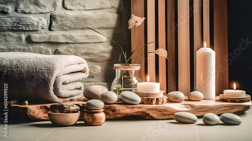 wellness design with assortment of props for the treatment from towels to oils and ointments and containers therefor photo