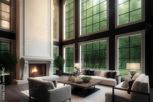 Experience the Ultimate Luxury Living with a Stunning Hardwood Floored Living Room and Fireplace in Your New Home with a Breathtaking View  Generative AI.