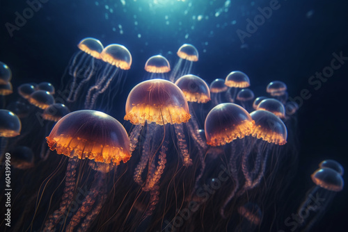 Common jellyfish in aquarium lit by blue light. High quality photo Generative AI © Starmarpro