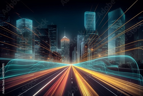 Revolutionizing Urban Living: The Smart Digital City with High-Speed Data Transfer and Light Trail of Cars, Generative AI.