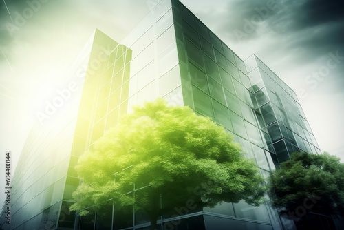 ving in the heart of the city  A sustainable glass building with greenery for eco-friendly construction.  Generative AI.