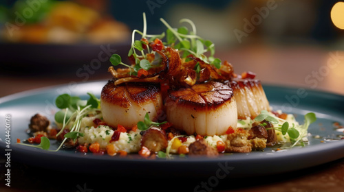 Plate of seared sea scallops, served with a creamy corn puree, crispy pancetta, and a sprinkle of fresh chives. fine dining restaurant concept ai generative