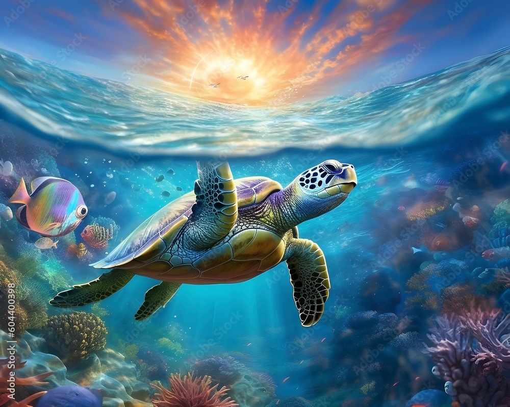 Sea turtle or marine turtle swimming in ocean. AI generated Sea turtle or marine turtle swimming in ocean. AI generated