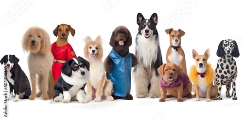 Different types and sizes of dogs group with clothing. AI generated.