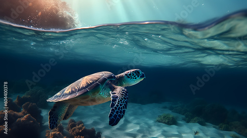 Sea turtle or marine turtle swimming in ocean. AI generated © May Thawtar