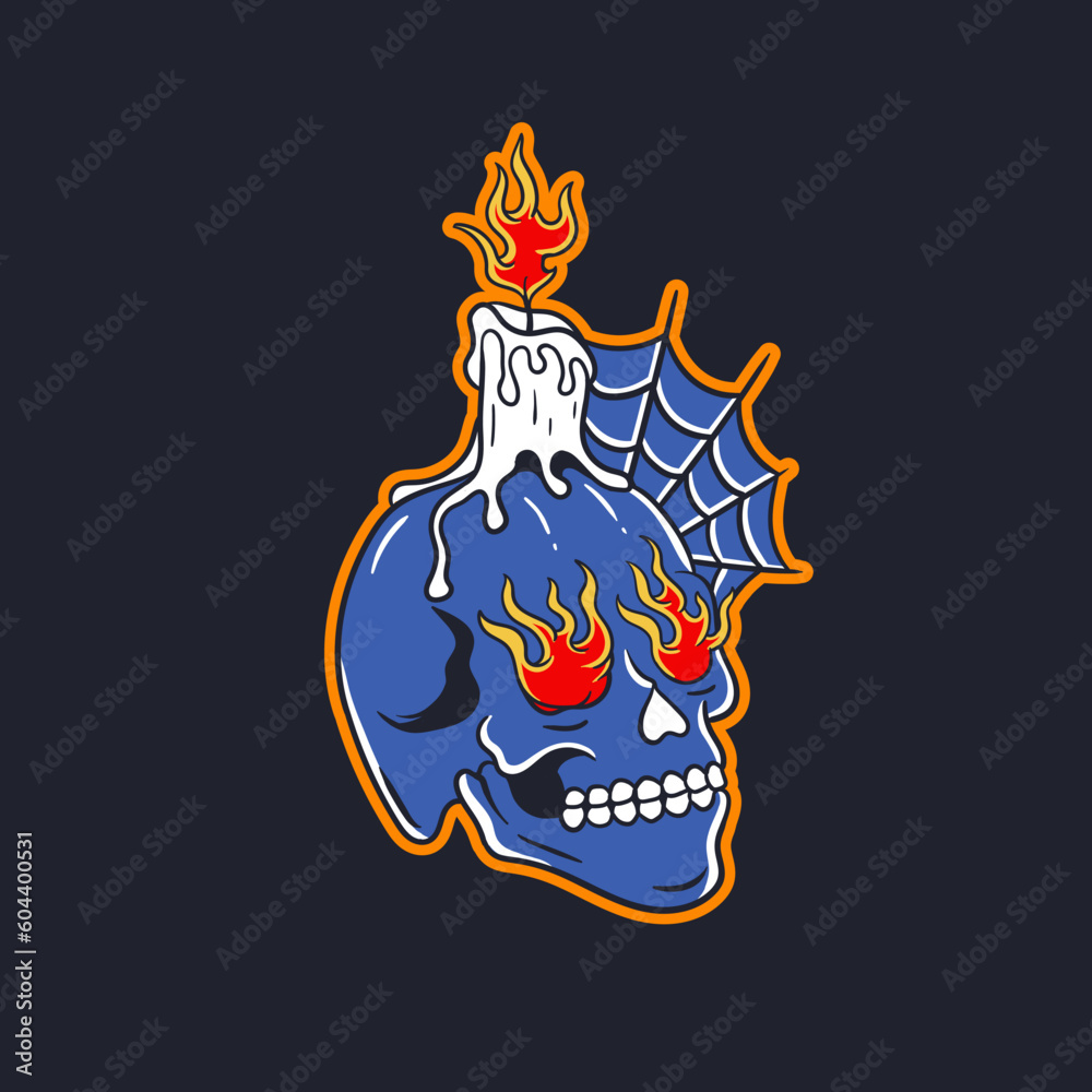 Hand drawn illustration of a fire eyed skull