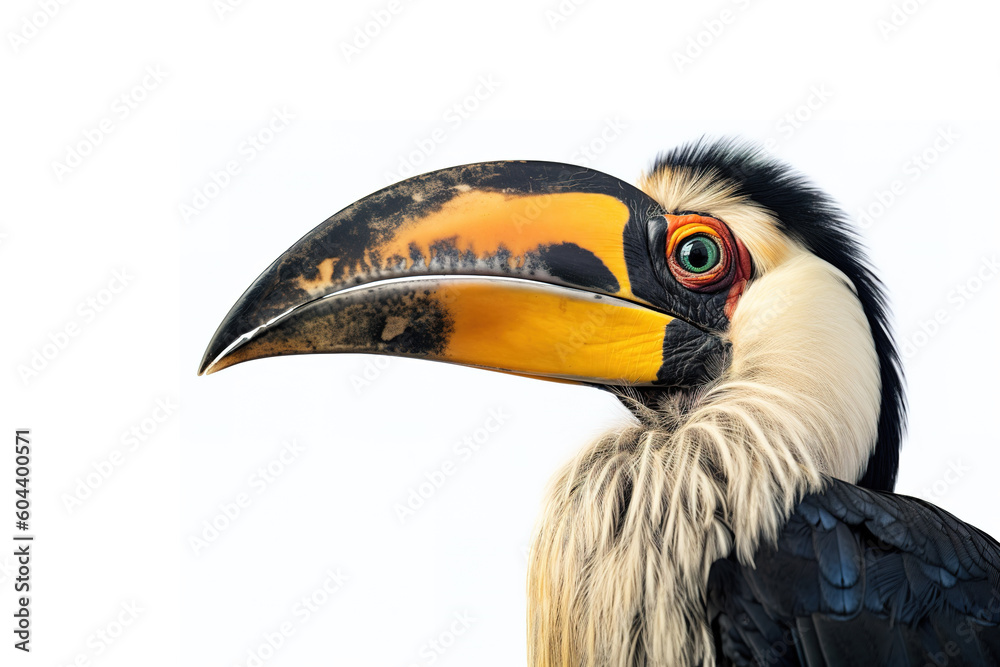 Image of beautiful hornbill on white background. Wild Animals. Bird. illustration. Generative AI. Image of beautiful hornbill on white background. Wild Animals. Bird. illustration. Generative AI.