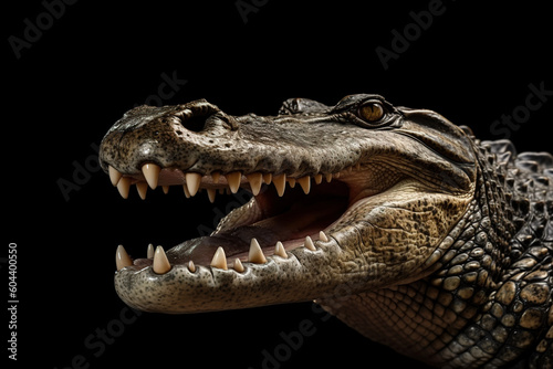 Image of a crocodile is opening its mouth on black background. Wildlife Animals. illustration. Generative AI. © yod67