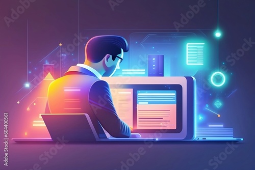 annotation of Businessman utilizing computer for file sharing and technological uses