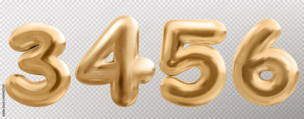 3d gold balloon number font, realistic isolated vector set. Golden anniversary or birthday party celebrate. Metal typography glossy symbol for sale decor. Metallic ballon shiny font on transparent