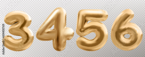 3d gold balloon number font, realistic isolated vector set. Golden anniversary or birthday party celebrate. Metal typography glossy symbol for sale decor. Metallic ballon shiny font on transparent