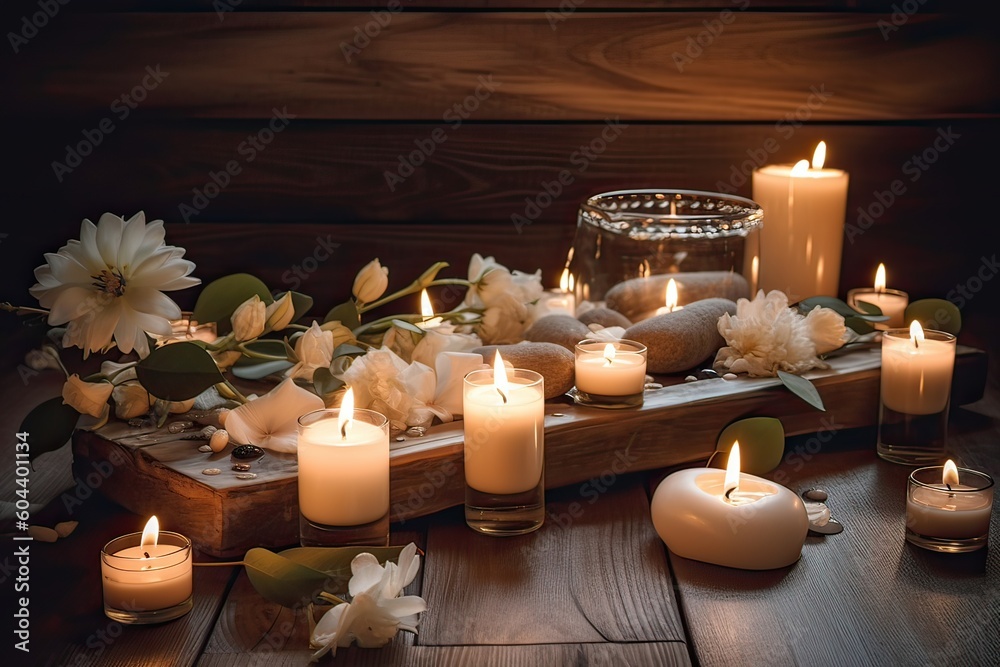 beauty treatment items for spa procedures on wooden table. massage stones, essential oils and sea salt. copy space Generative Ai.