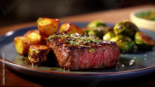 Culinary Elegance Gastronomic delight with a plate of perfectly grilled filet mignon, accompanied by roasted fingerling potatoes and caramelized Brussels sprouts. Copy space. Fine dining ai generative