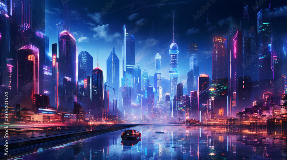 A vibrant and futuristic cityscape at night made with Generative AI