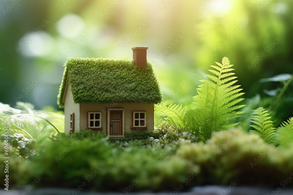 A sustainable and eco-friendly housing concept. A miniature wooden house nestled amidst spring grass, moss, and ferns on a bright sunny day.