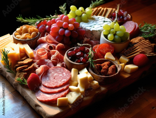 Charcuterie board featuring an array of artisanal cheeses, cured meats, olives, and other delicious accompaniments AI Generative