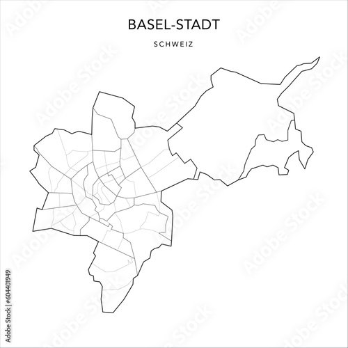 Administrative Vector Map of the Canton of Basel-City (Basel-Stadt) with borders of Municipalities (Gemeinde) and the Quarters and Residential Districts of the City of Basel as of 2023 - Switzerland