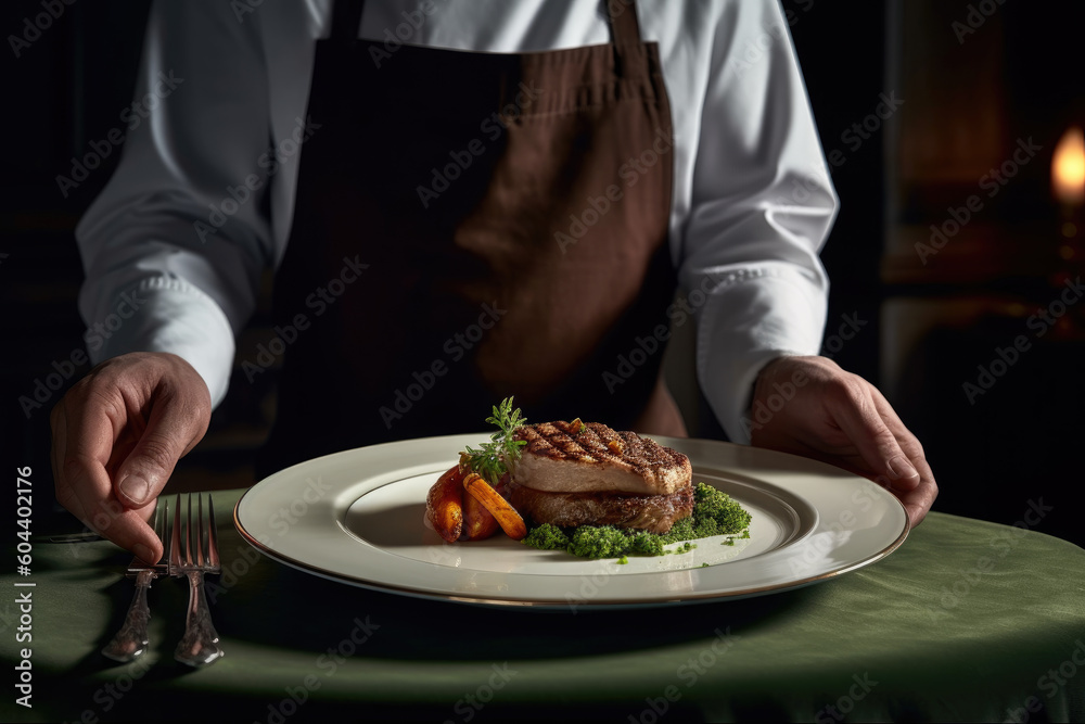 Gastronomic Excellence: A White Plate Brimming with Gourmet Food, Served by an Elegant Waitress in a High-End Restaurant

