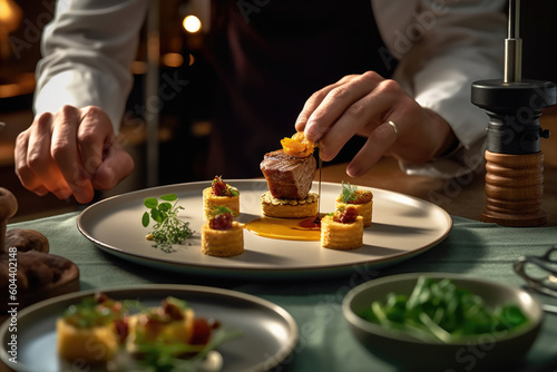 Gastronomic Excellence: A White Plate Brimming with Gourmet Food, Served by an Elegant Waitress in a High-End Restaurant

