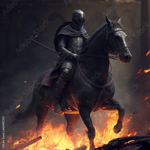 Painting of a medieval knight riding horse created with generative Ai