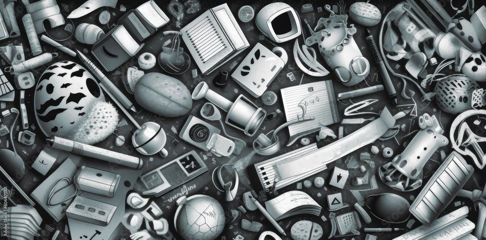 School Kids poster with random items, Wide variety of school related items, style of hand-drawn, abstraction, miscellaneous academia. Generative Ai Illustration.
School Kids poster with random items, Wide variety of school related items, style of hand-drawn, abstraction, miscellaneous academia. Generative Ai Illustration.