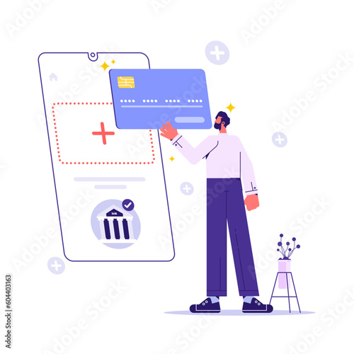 Man with debit or credit card paying or shopping online or purchasing with smartphone. Internet payment system or technology. Online payment or banking via mobile application concept