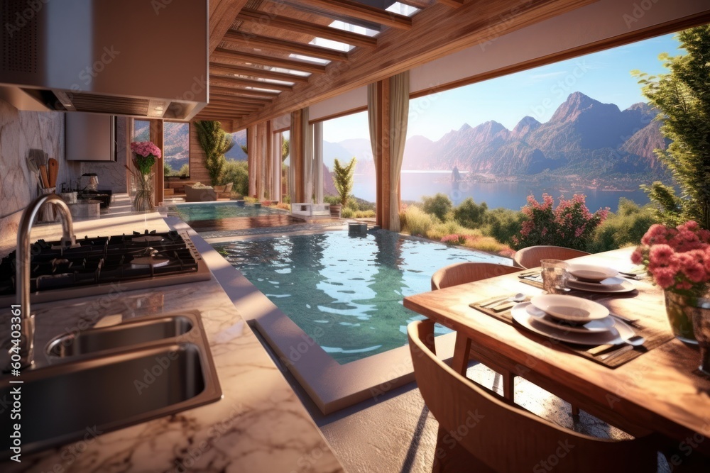 Obraz premium extreme close small kitchen with pool in the resort