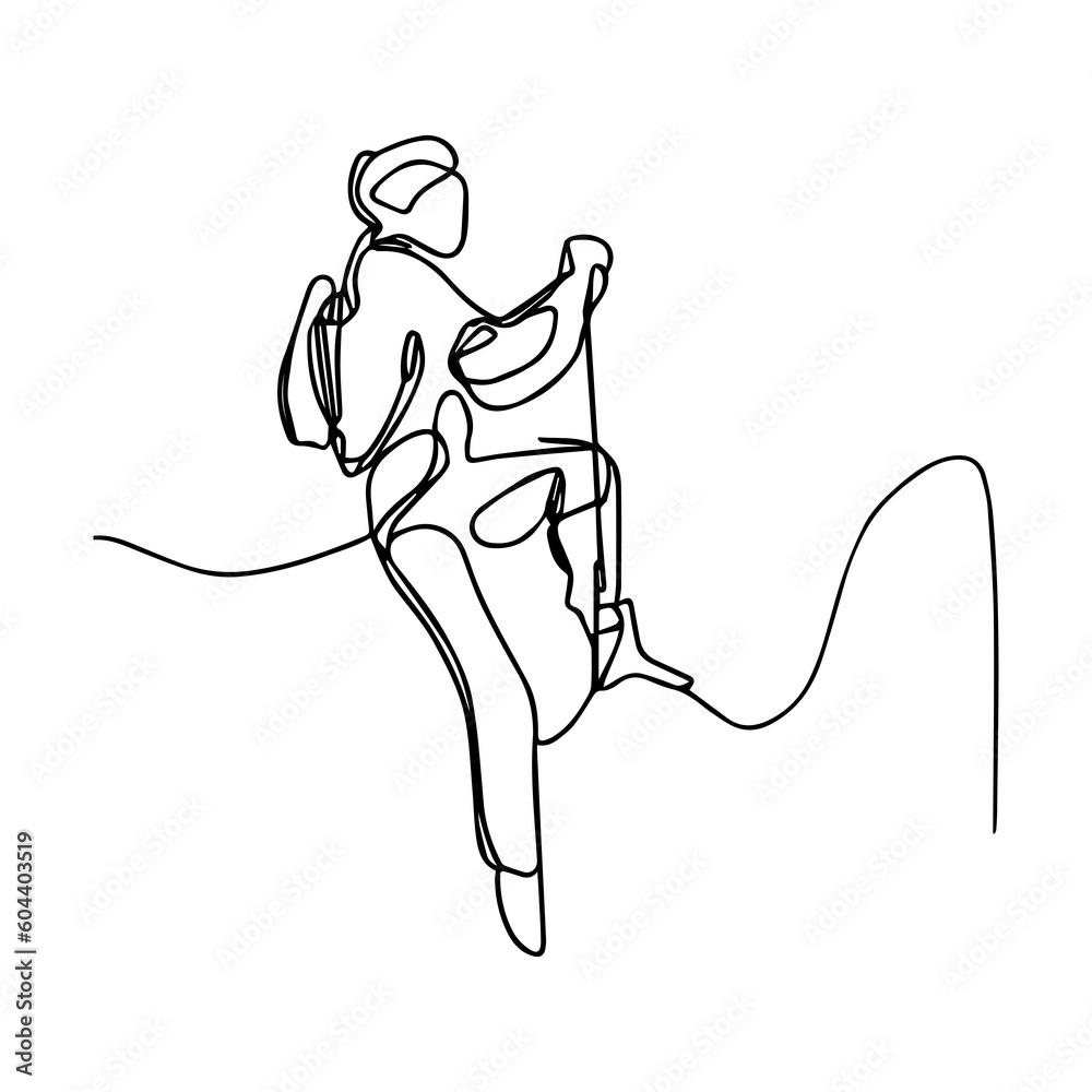 Fototapeta premium Vector one line illustration. Woman rock climber climbs the mountain.