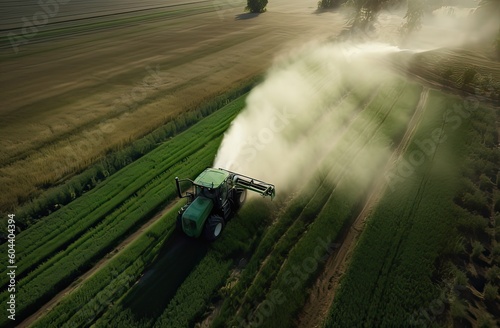 Aerial view of combine harvester. Harvest of rapeseed field. Industrial background on agricultural theme. Biofuel production from above. Agriculture and environment in European Union. Generative Ai.