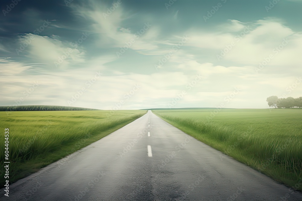 The landscape of grass fields and blue sky road leading off into the distance. Generative Ai. The landscape of grass fields and blue sky road leading off into the distance. Generative Ai.
