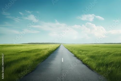 The landscape of grass fields and blue sky road leading off into the distance. Generative Ai.