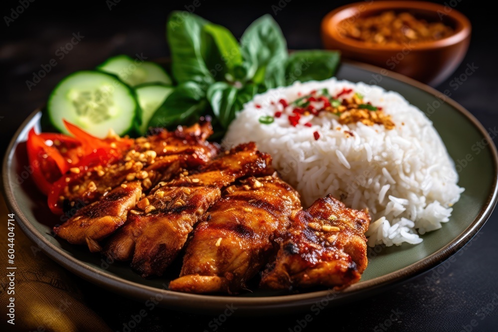 grilled chicken with rice and garnish on plate Cinematic Editorial Food Photography grilled chicken with rice and garnish on plate Cinematic Editorial Food Photography