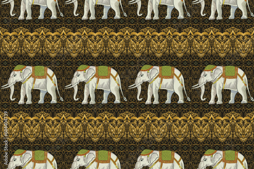 Traditional Ethnic Thai Elephant Pattern on Golden Background.  Seamless pattern design for fabric, carpet, tile, embroidery, wallpaper and background