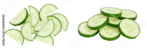 Sliced cucumber isolated on white background with full depth of field, Top view. Flat lay
