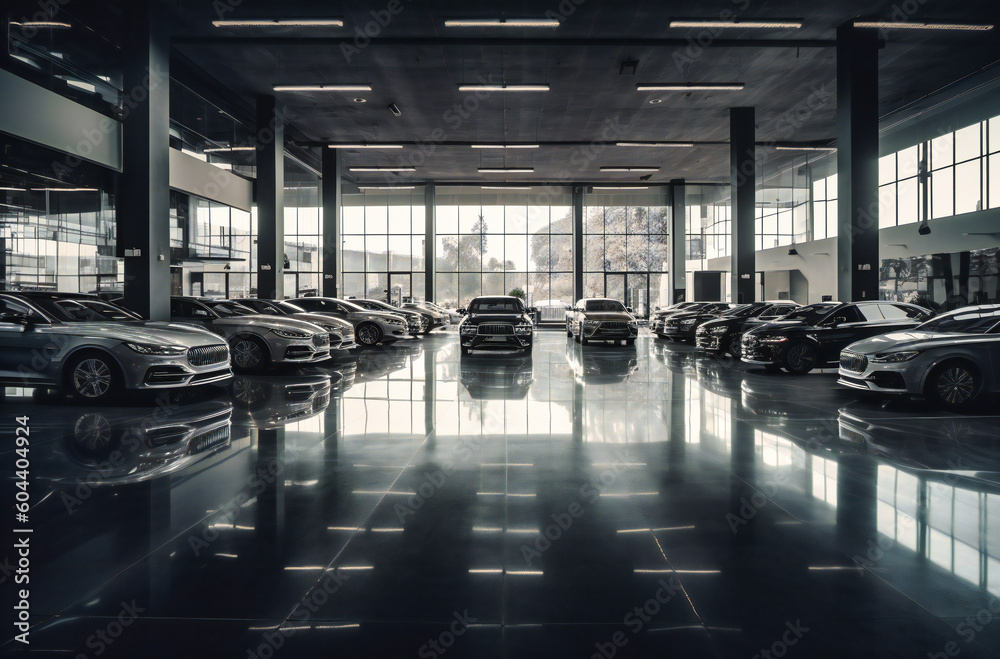 many people parked in a car showroom - obrazy, fototapety, plakaty 
