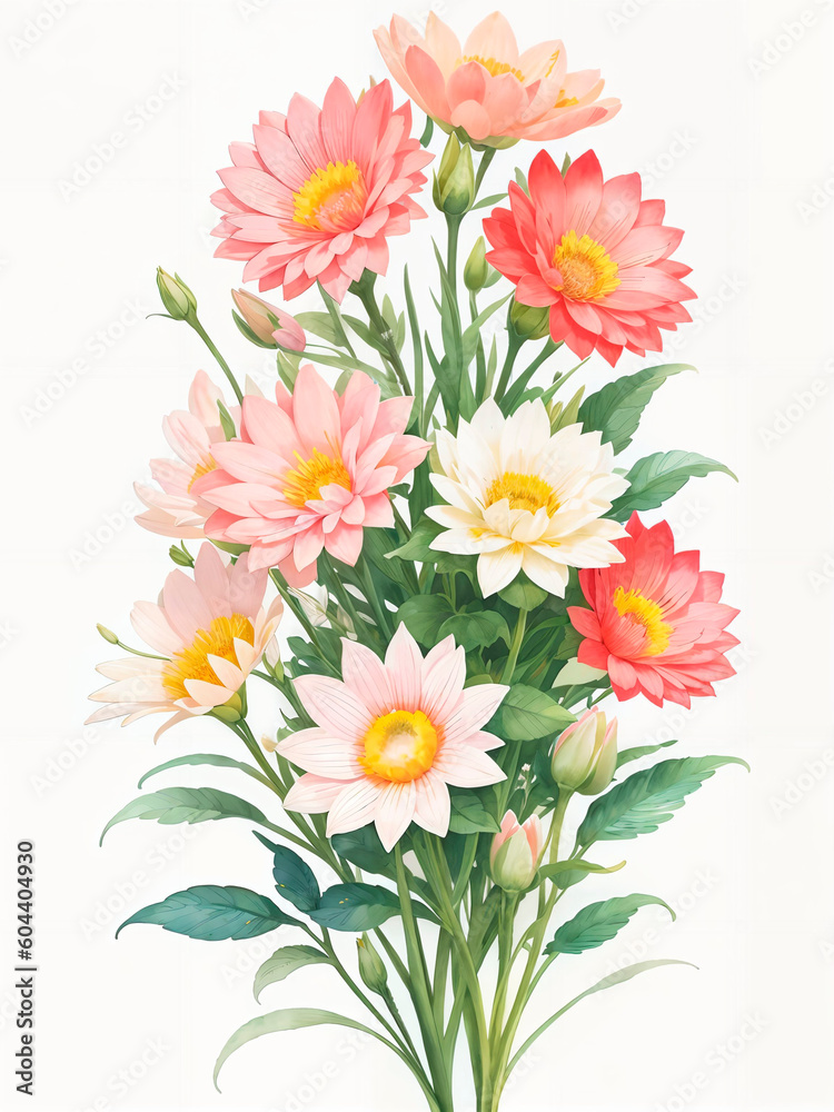 Colorful flowers on white background, watercolor style. Generative AI