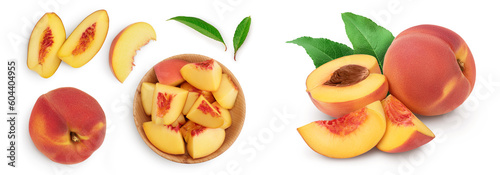 ripe peach isolated on white background. Top view with copy space for your text. Flat lay pattern