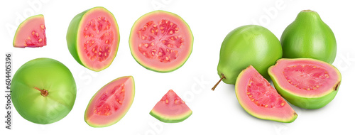 Guava fruit with slices isolated on white background with full depth of field. Top view. Flat lay
