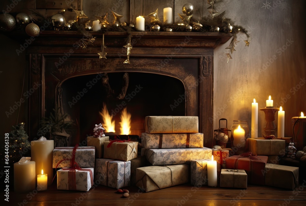 Christmas decorations, a gift, and candles in front of a fireplace. A fire is burning in the fireplace. Front room decorated for Christmas with fireplace Generative Ai.