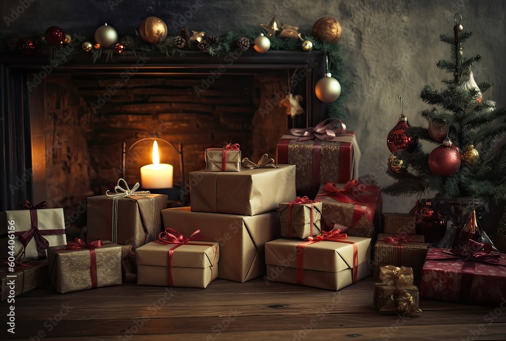 Christmas decorations, a gift, and candles in front of a fireplace. A fire is burning in the fireplace. Front room decorated for Christmas with fireplace Generative Ai. Christmas decorations, a gift, and candles in front of a fireplace. A fire is burning in the fireplace. Front room decorated for Christmas with fireplace Generative Ai.