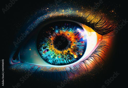 cosmic eye close-up, human eye with eyelashes, big bang reflection in the pupil Generative AI