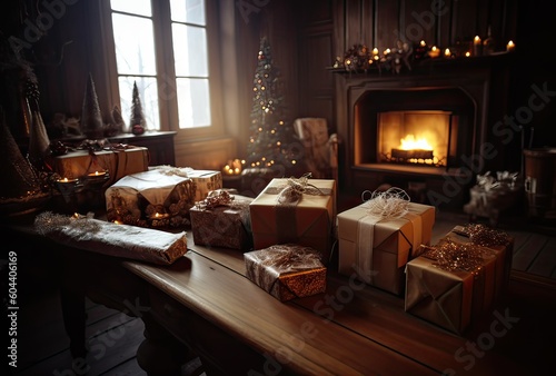 Christmas decorations, a gift, and candles in front of a fireplace. A fire is burning in the fireplace. Front room decorated for Christmas with fireplace Generative Ai. © Kowit