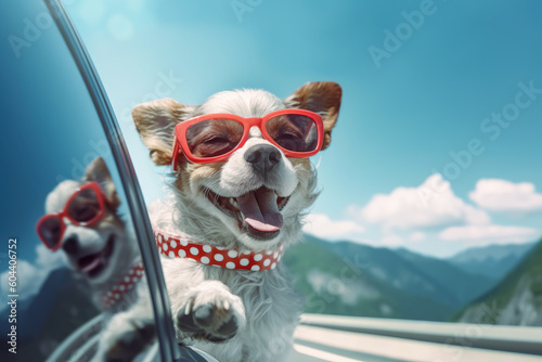 a pet dog wearing sunglasses out of a car window. Generative Ai Illustration.
