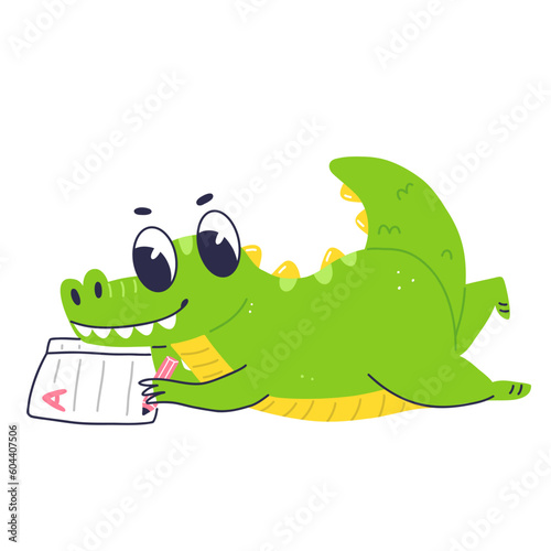 Cute crocodile character writes in a notebook. Cartoon flat baby crocodile is reading a book. Vector isolated illustration.