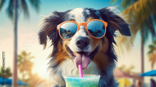 Cute dog with cocktail relaxing on sandy beach near sea. Summer vacation with pet. Generative AI © zamuruev