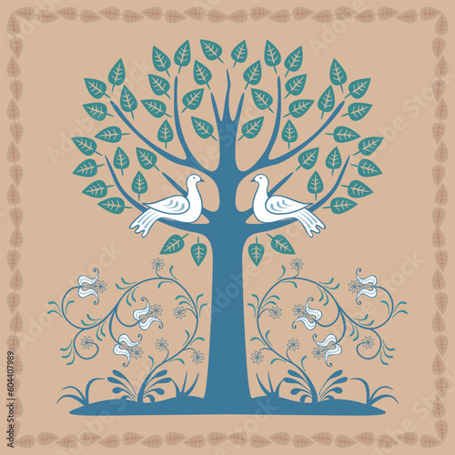 Two doves in the tree. Vector version of old style decorative design. Ivy pattern framed by leaves placed in square area.