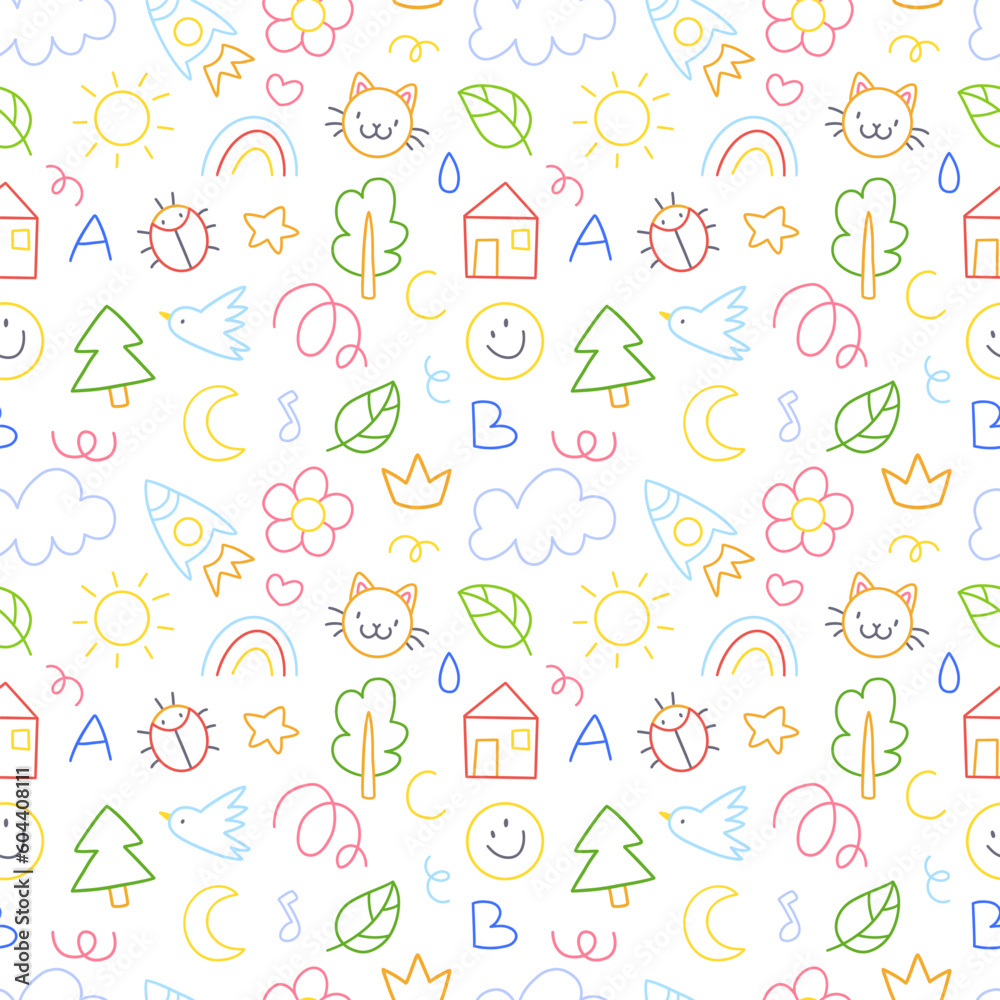 Seamless children's pattern with colorful funny doodles. Pattern with cute children's doodle drawings. Vector illustration background.