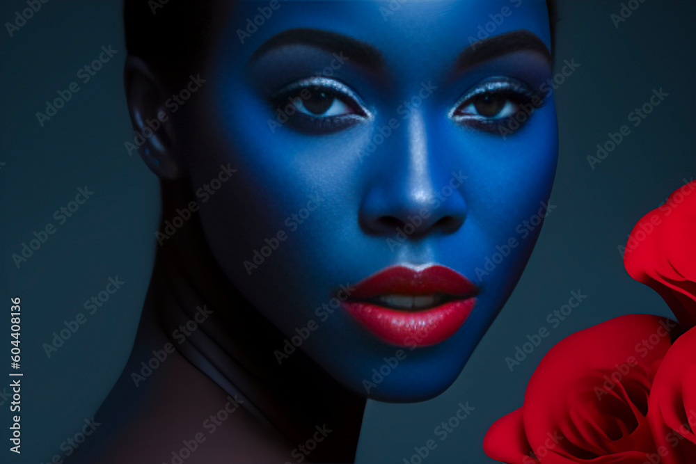 Young adult woman with glamorous makeup and red lipstick looks at the camera, close-up of her bright red flower adorns her blue face. African American woman portrait. Generative AI