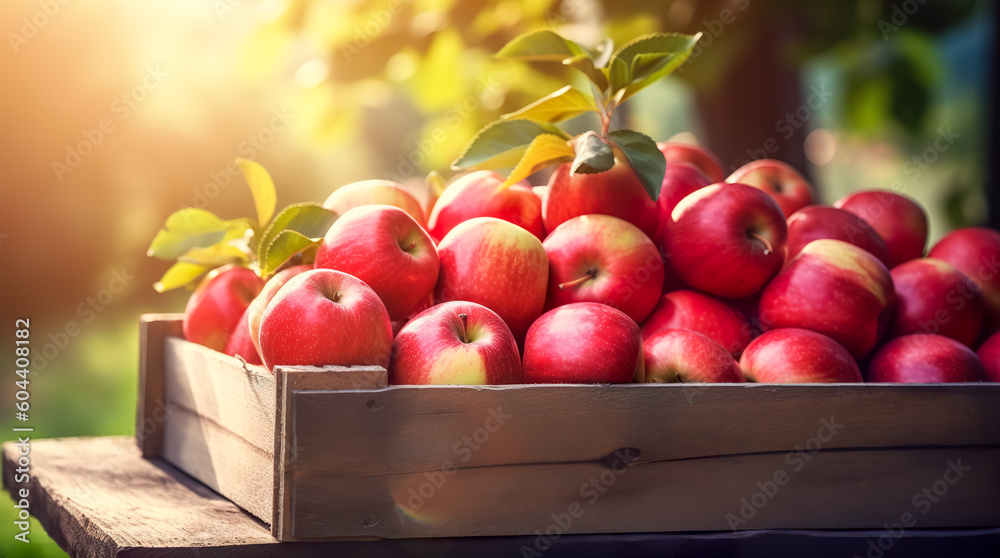 box of fresh fruits on a wooden table in a garden. Generative AI box of fresh fruits on a wooden table in a garden. Generative AI