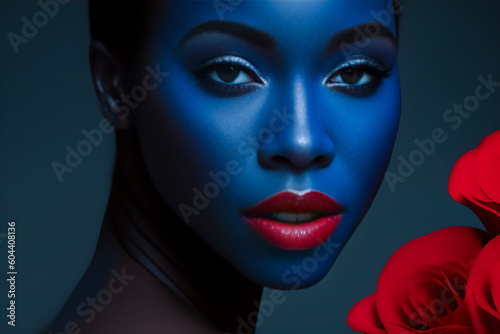 Young adult woman with glamorous makeup and red lipstick looks at the camera, close-up of her bright red flower adorns her blue face. African American woman portrait. Generative AI